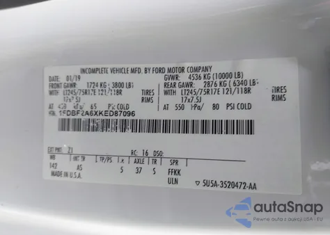 2019 Ford F-250 Xl z USA, uszkodzony, nr VIN 1FDBF2A6XKED87096